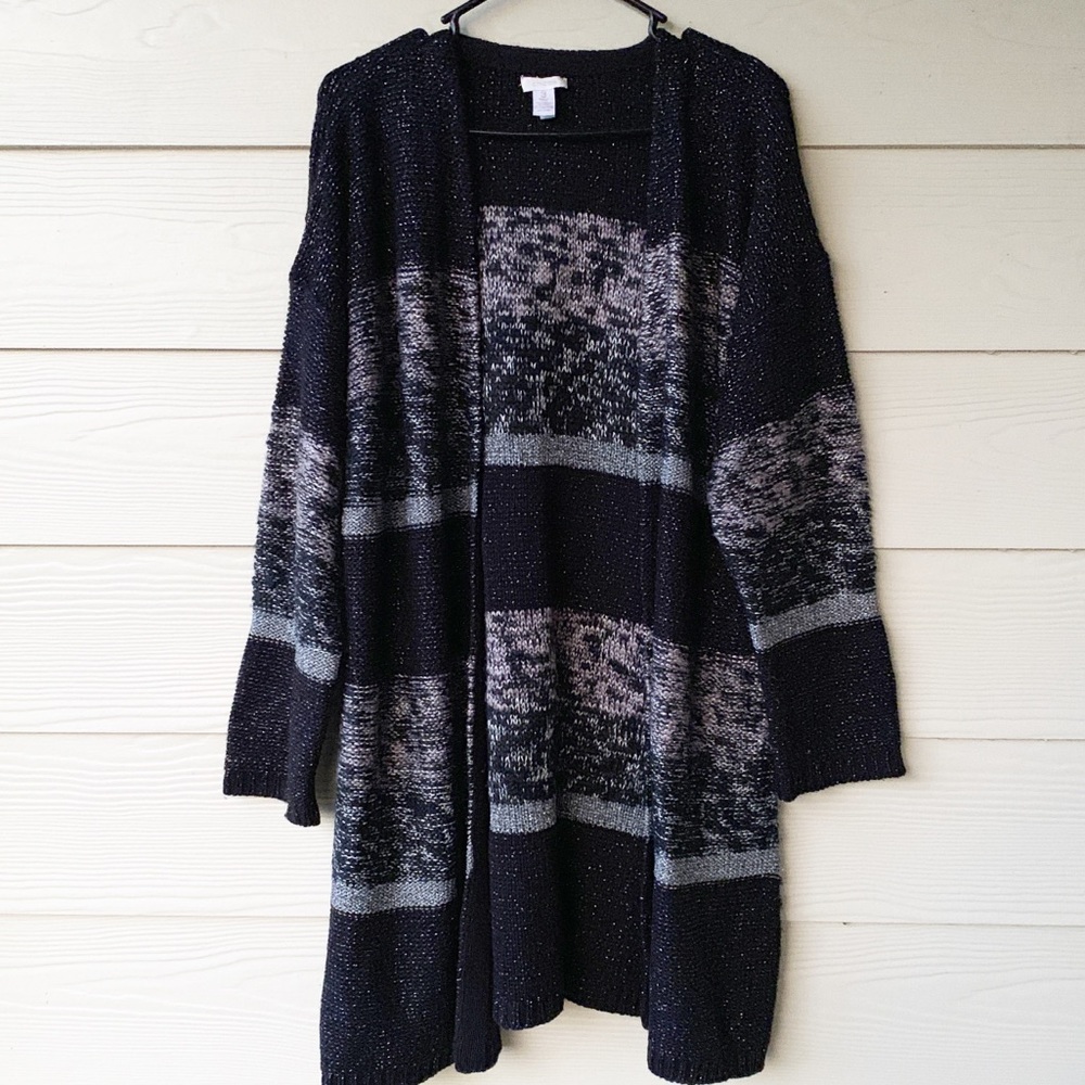 EUC CHICOS LONG BLACK/SILVER CARDIGAN SWEATER SZ 3